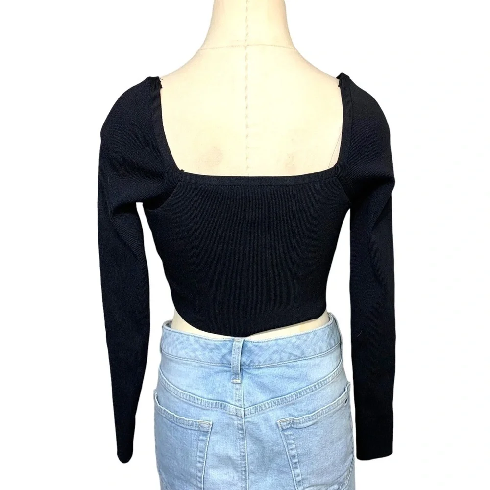ZARA Neutral Black Knit Cropped Long Sleeve Top Streetwear Round Square Neck S - Picture 3 of 13